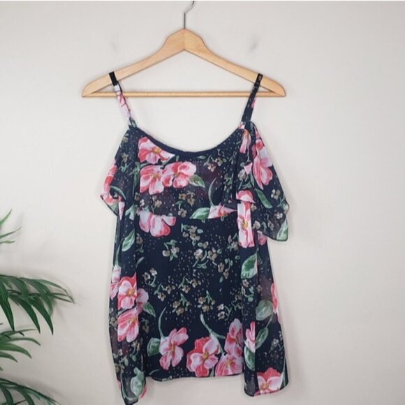 CAbi | #5220 Fairytale Cold Shoulder Floral Blouse Size Small Navy Pink Green - Picture 4 of 5